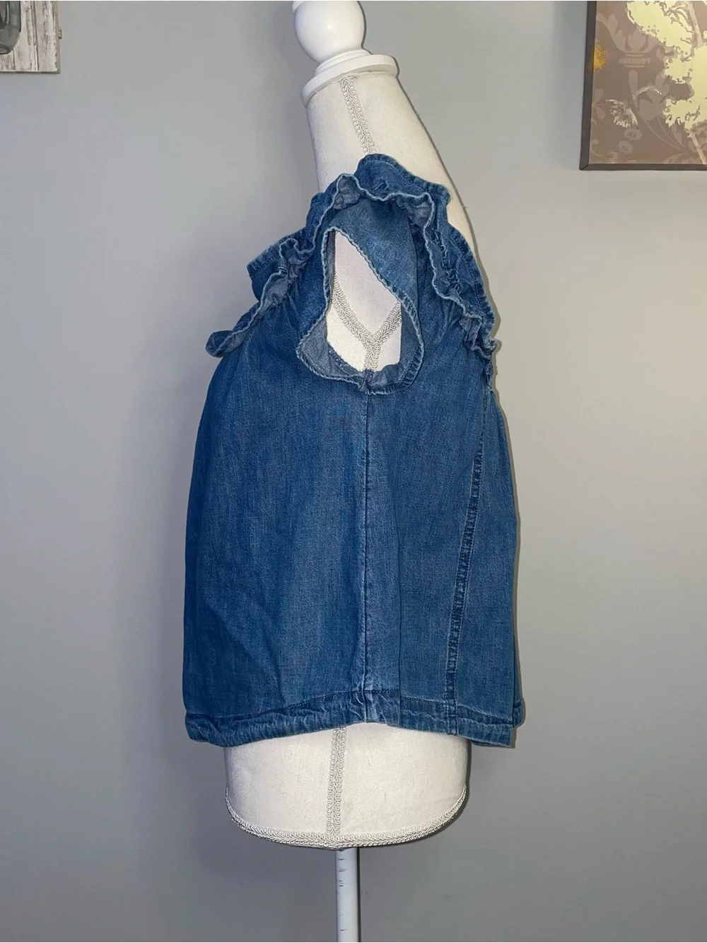 Free People Ruffle Denim Short Sleeve Blouse